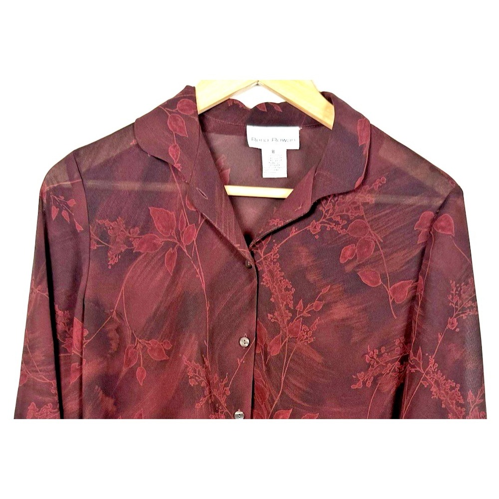 Rena Rowan Vintage Burgundy Floral Burnout Blouse Sheer Button Up Shirt - Size 8